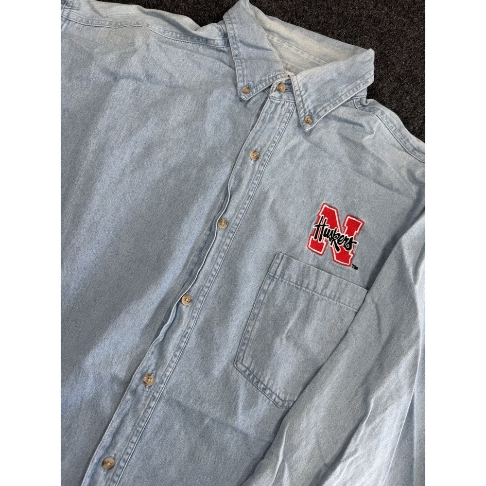 Vintage Nebraska Huskers Denim Button Up Shirt XL True Fan Embroidered